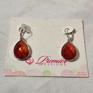 Premier Designs Teardrop Dangle Earrings Red Faceted Stone Silver Tone Setting